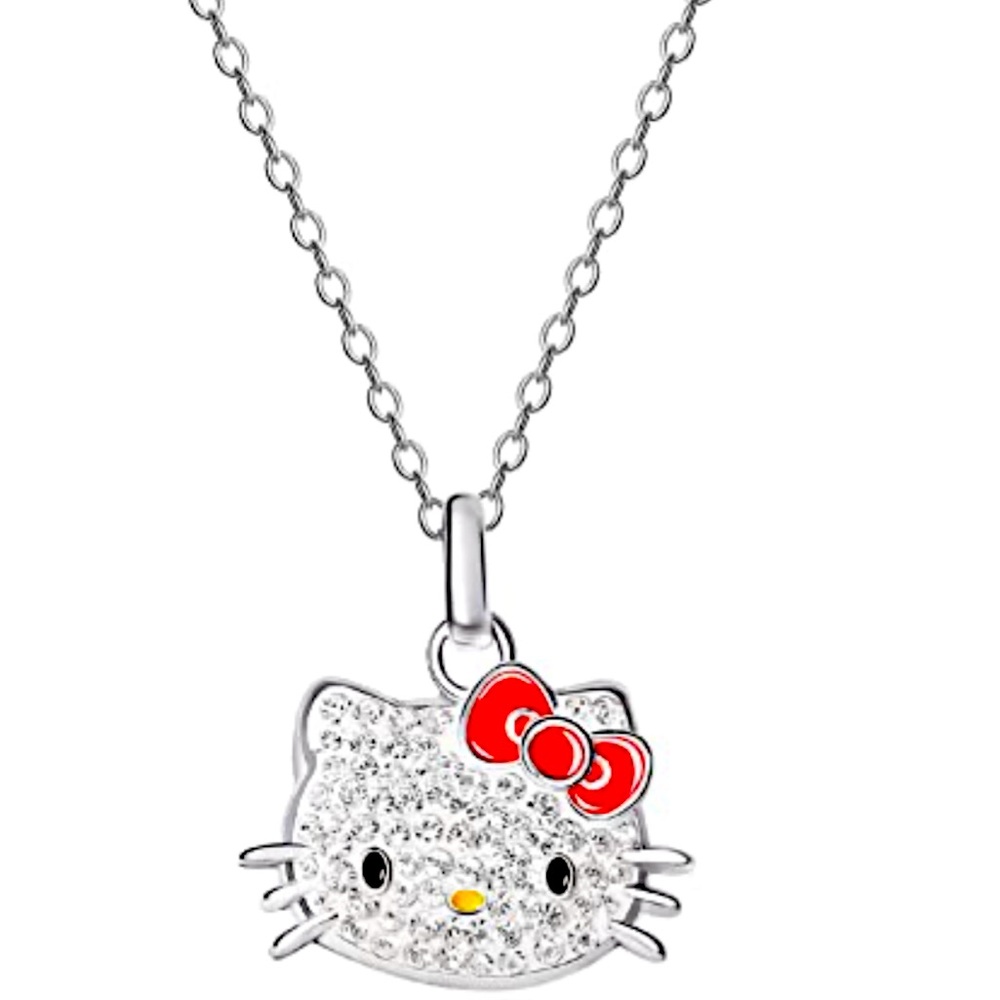Sanrio Hello Kitty Womens Pendant Necklace 18" - Silver-Plated Clear Crystal